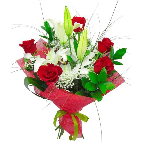 Букет из красных роз и белых лилий Всегда леди