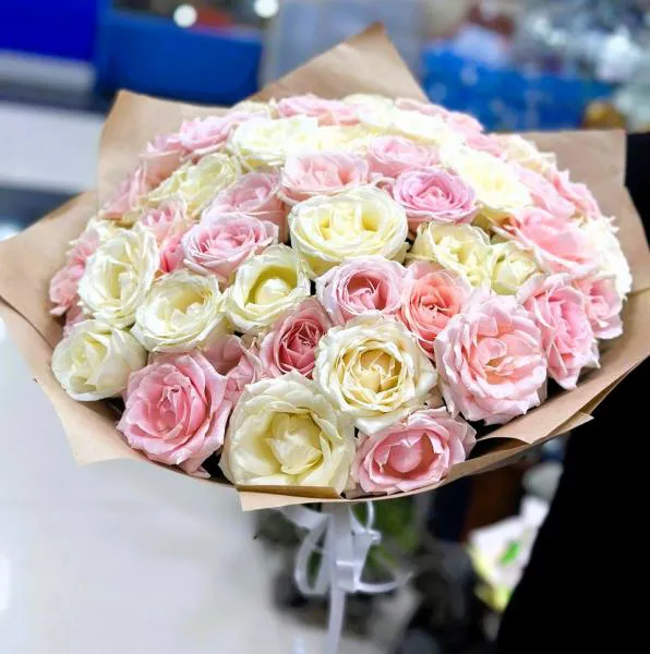 Букет из 51 пионовидной белой и розовой розы