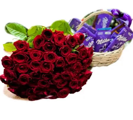 51 красная роза и корзина со сладостями 