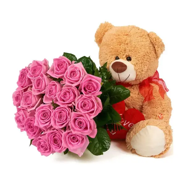 Подарочный набор с розовыми розами и мягкой игрушкой № 4