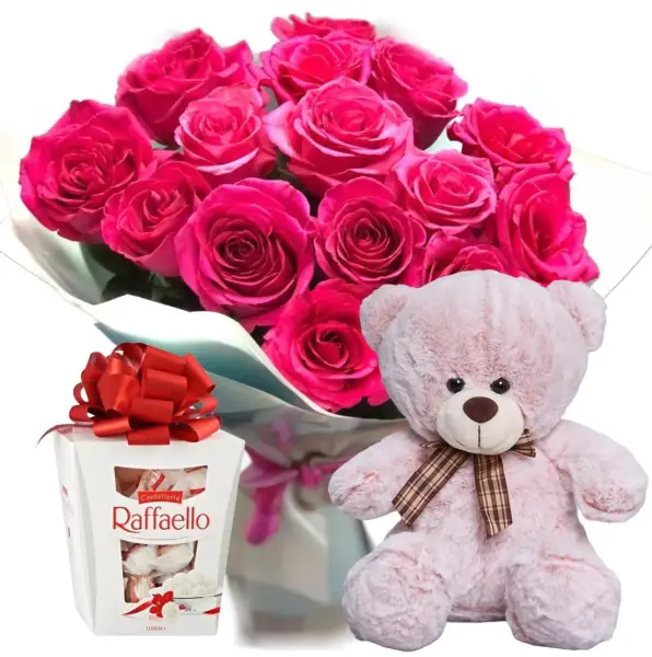 Подарочный набор из роз с рафаэлло и плюшевым мишкой
