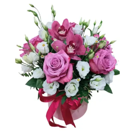 Букет из роз, орхидей и эустом в коробке Натюрель