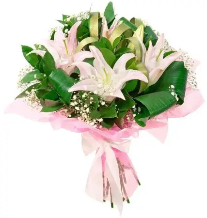 Букет из розовых лилий и гипсофилы Она прекрасна