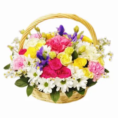 Корзина с розами, эустомами, хризантемами, ирисами и гвоздиками Солнечная мечта