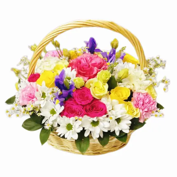 Корзина с розами, эустомами, хризантемами, ирисами и гвоздиками Солнечная мечта
