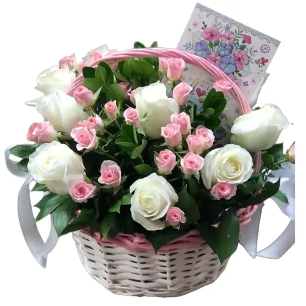 Корзина из белых и розовых роз Волшебная сказка