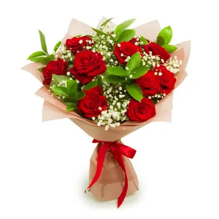 Букет из красных роз и гипсофилы Приходите стильно