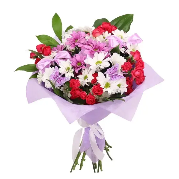 Букет из кустовых роз и хризантем Прогулка в саду