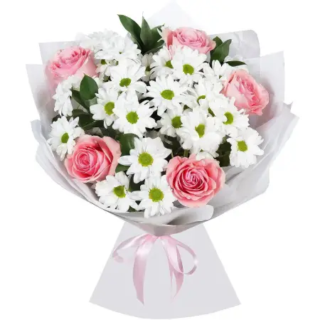 Букет из роз и ромашковых хризантем Свежий фокус