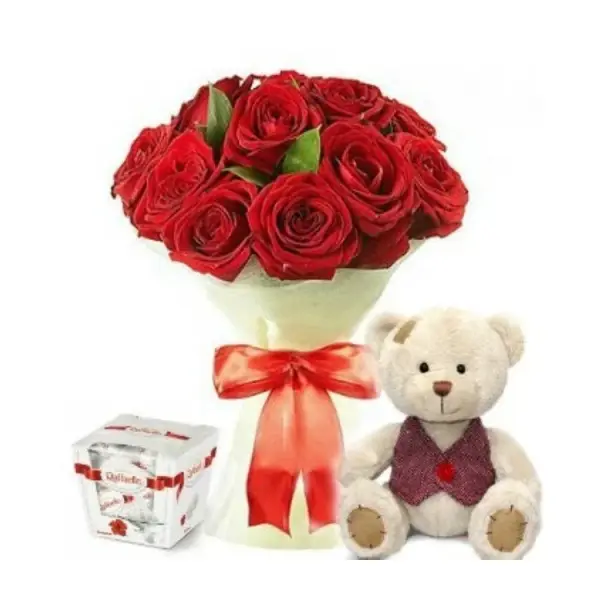 Подарочный набор с розами конфетами Раффаэлло и мишкой