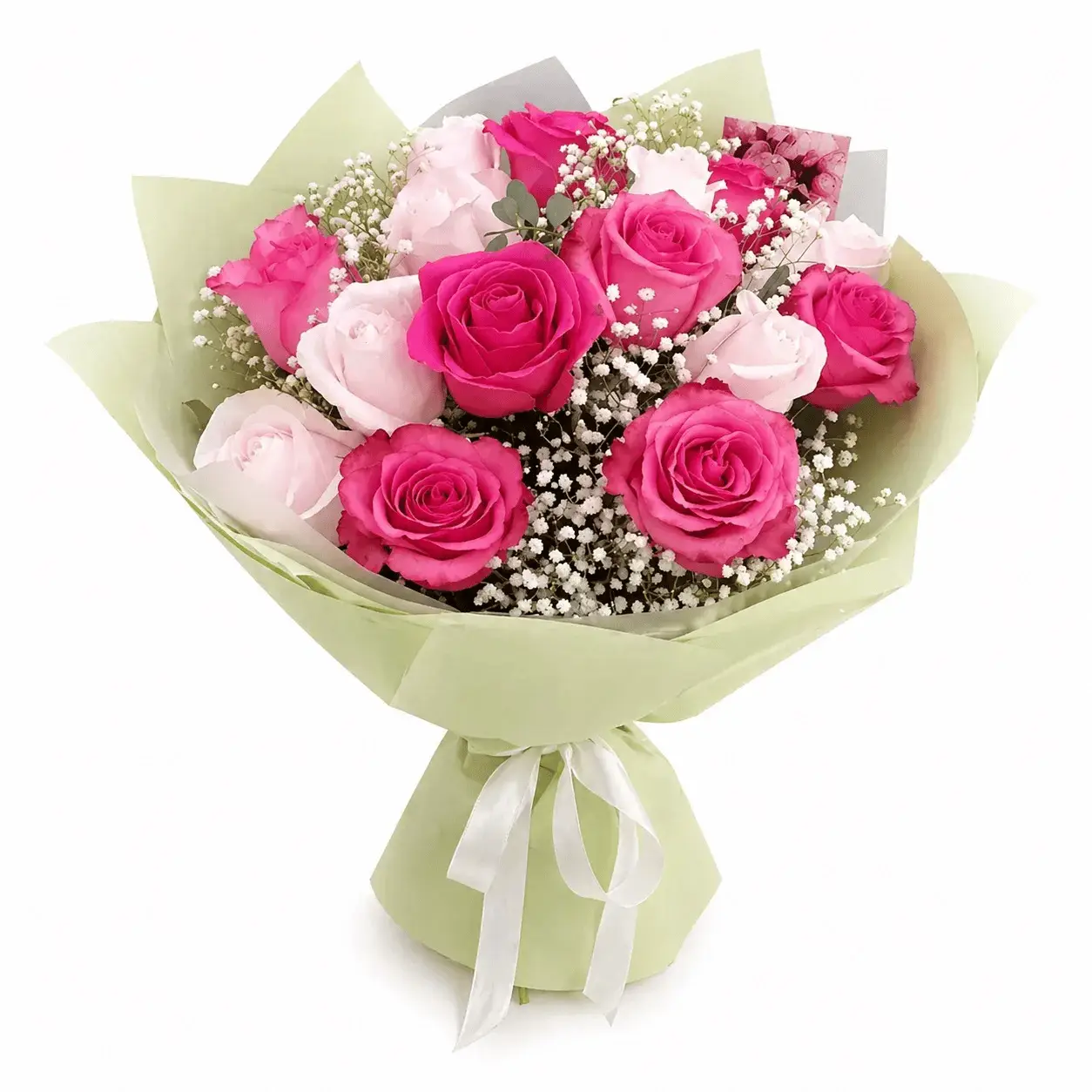 15 бело-розовых роз с гипсофилой
